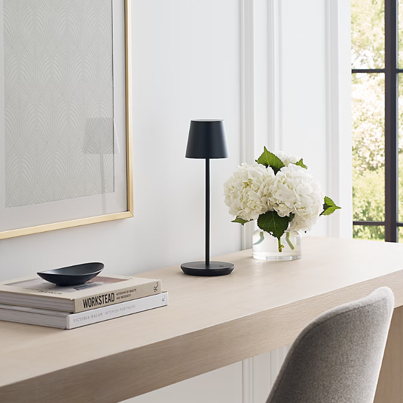 The Nevis Accent Rechargeable Table Lamp black from Visual Comfort Co in a study room.