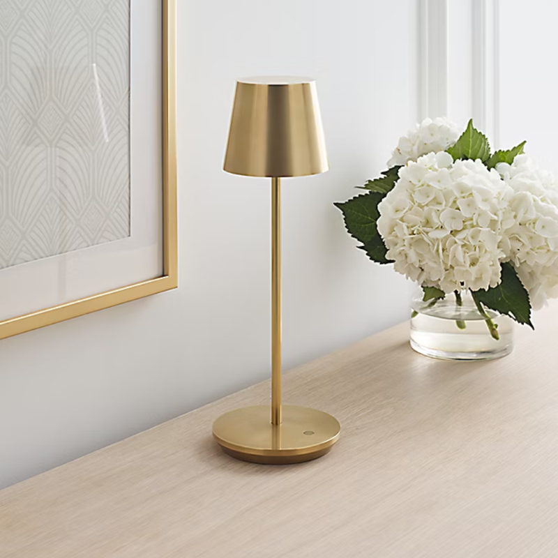 The Nevis Accent Rechargeable Table Lamp gold from Visual Comfort Co in a living room.