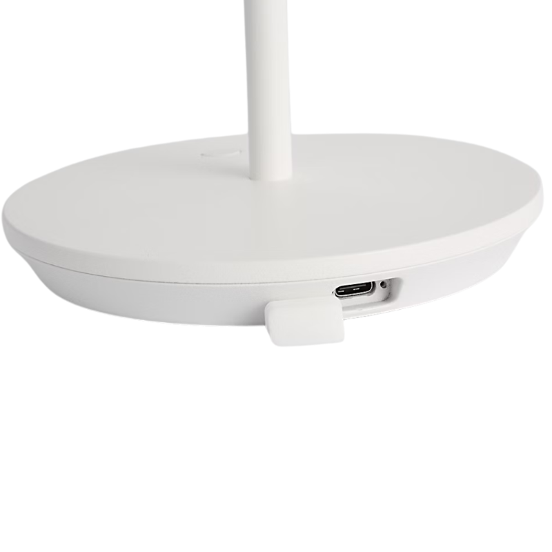 The Nevis Accent Rechargeable Table Lamp white from Visual Comfort Co with a close-up of the base.