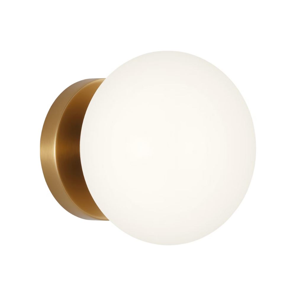 The Lune 1-Light Bath Sconce from Visual Comfort & Co in Burnished Brass from an angle.