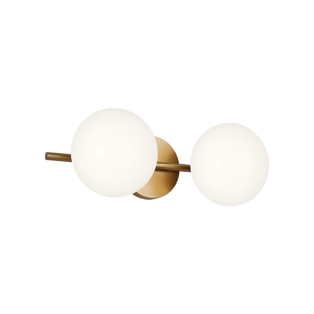 The Lune 2-Light Bath Sconce by Visual Comfort & Co in Burnished Brass from an angle.