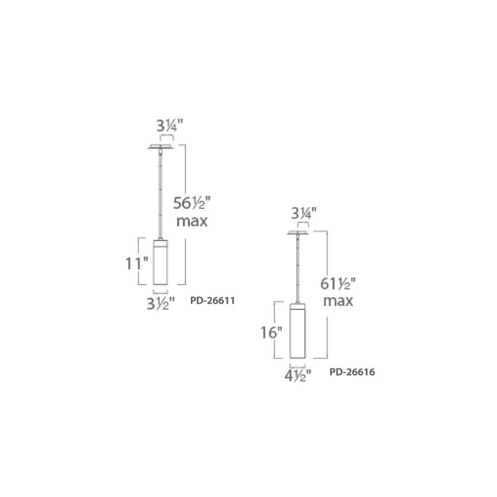 The dimensions of the 11 inch and 16 inch Elementum Mini Pendant from WAC lighting. all-groups