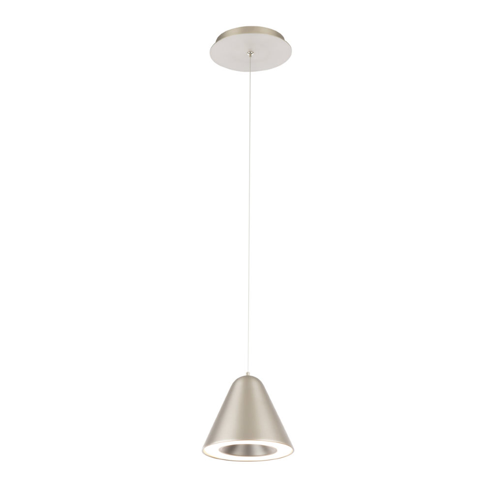 The satin nickel Kone Mini Pendant from Visual Comfort and Co at an angle.