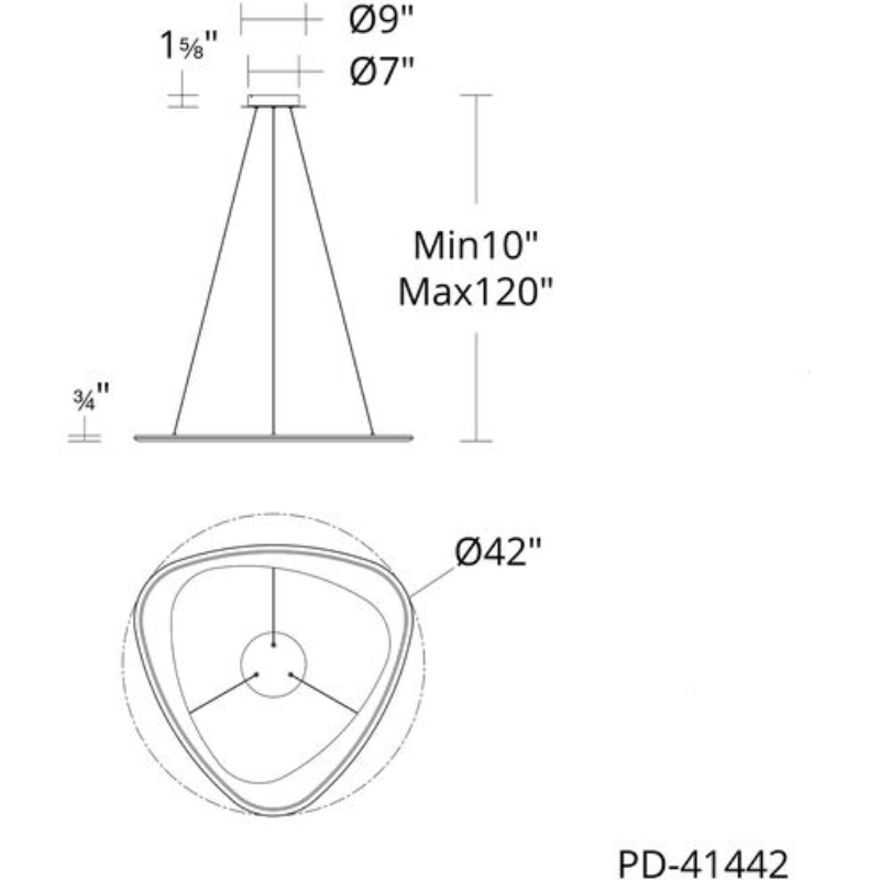 The 42-inch Oyster Color Select LED Pendant in Aged Brass by WAC Lighting dimension line drawing.