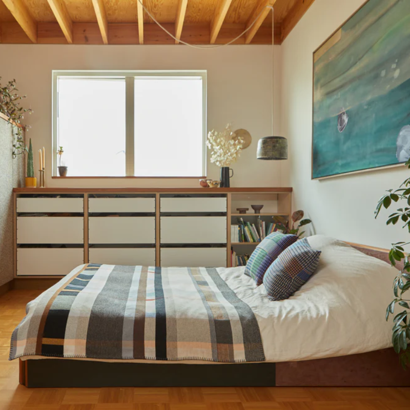 The Chipperfield Throw from the Wallace & Sewell Block Throw, size large on a bed.