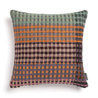 The Kew Cushion by Wallace and Sewell is made of natural shetland wool.   Blue and orange accents.