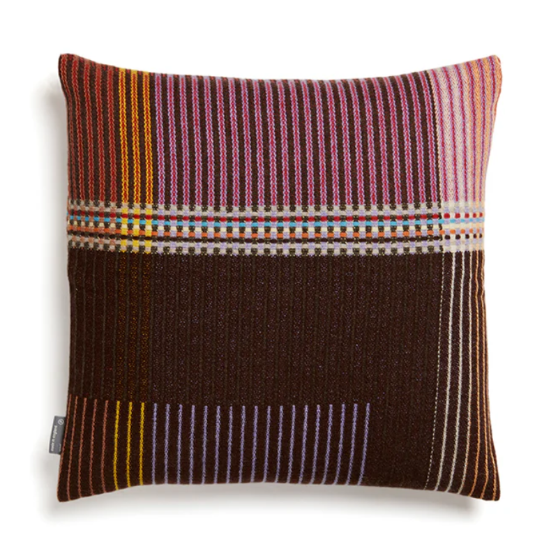 Wallace & Sewell's Pinstripe Sophia cushion with majority mahogany color blocking.
