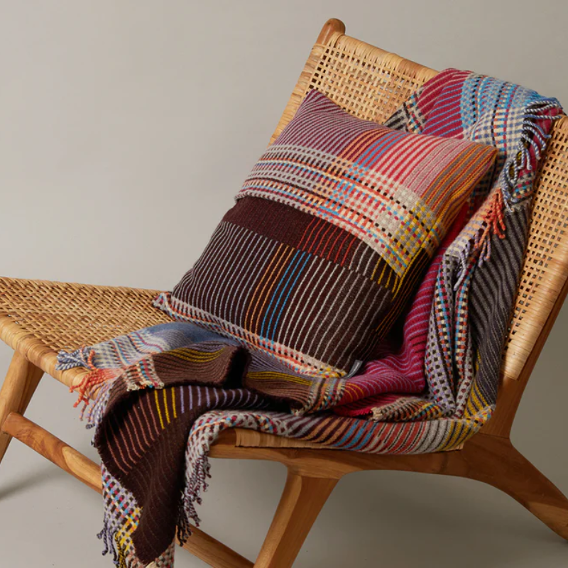 Wallace & Sewell's Pinstripe Sophia cushion and matching throw blanket on a lounge chair.