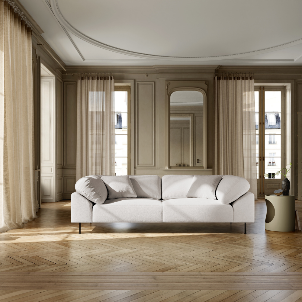 Collar Sofa 2.5 Seater by Woud in Alpine 01 Natural Bouclé in a family room.