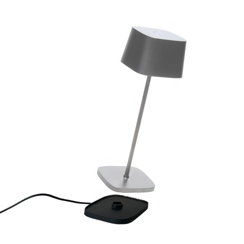 The antique nickel Ofelia Pro cordless lamp from Zafferano, a portable light.