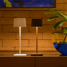 The rust Ofelia Pro cordless lamp from Zafferano in a living area.