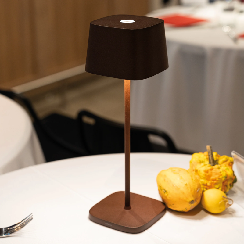 The rust Ofelia Pro cordless lamp from Zafferano in a restaurant.