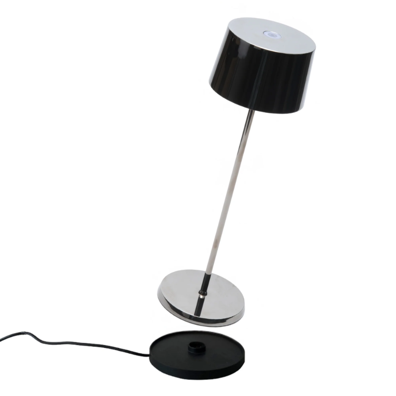 The black chrome Olivia Pro cordless lamp from Zafferano, a portable lamp.