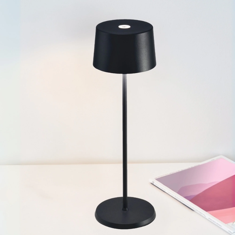 The black Olivia Pro cordless lamp from Zafferano in an office.