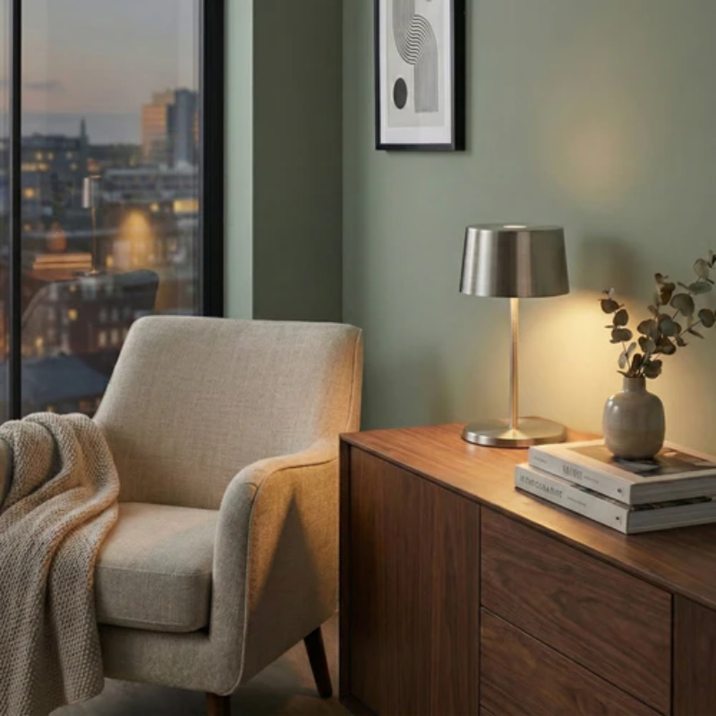 The antique nickel Olivia Pro Mini from Zafferano in the bedroom.