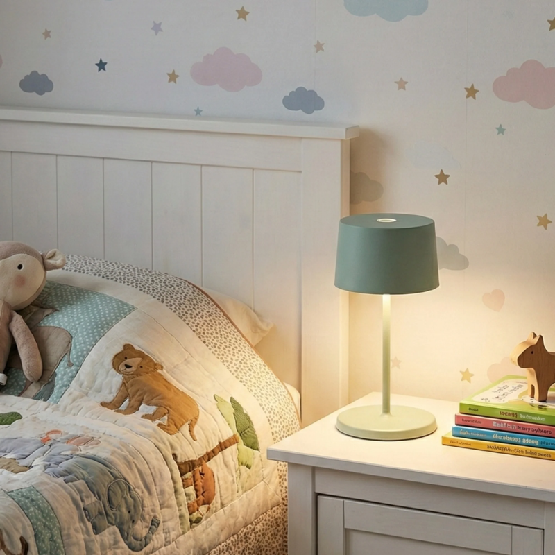 The sage Olivia Pro Mini from Zafferano in the bedroom.