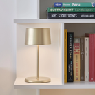 The satin brass Olivia Pro Mini from Zafferano on a bookshelf.