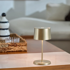 The satin brass Olivia Pro Mini from Zafferano on a coffee table.