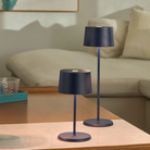 The steel blue Olivia Pro cordless lamp from Zafferano in a lounge.