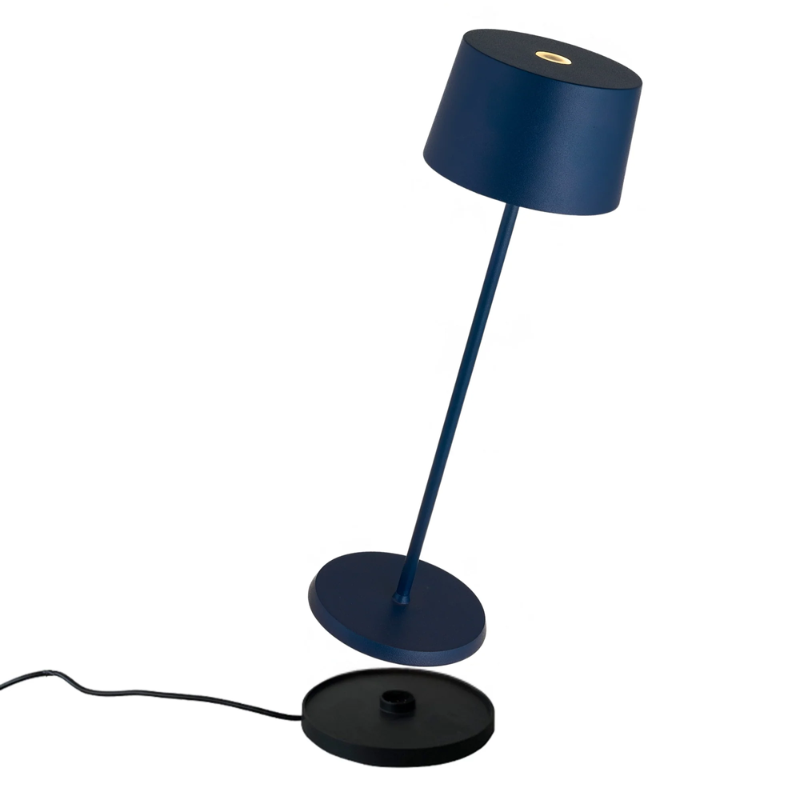 The steel blue Olivia Pro cordless lamp from Zafferano, a portable lamp.