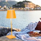 The sunflower Poldina Pro Mini from Zafferano in an outdoor dining setting.