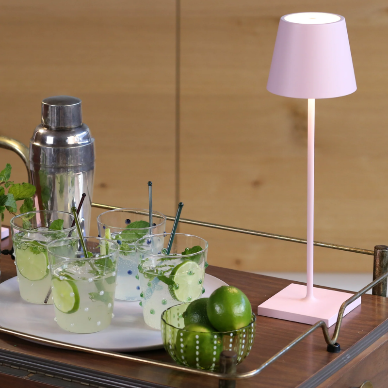 The pink Poldina Pro from Zafferano on a bar cart.