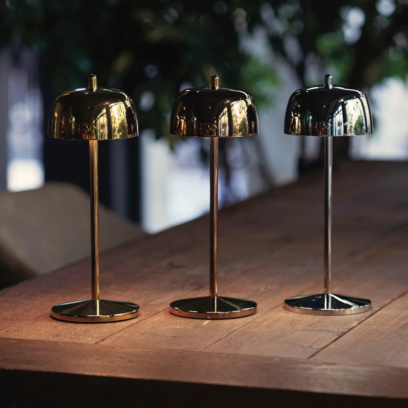 The polished chrome Theta Pro from Zafferano in a garden with other Theta colors.