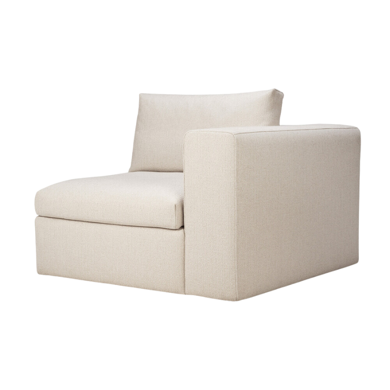 The left arm Mellow End Seater by Ethnicraft in off-white fabric from an angle.