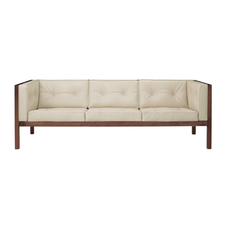 The 80 inch Cube Sofa from Herman Miller with the walnut frame and lotus prone leather.