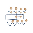 The Eames Hang-It-All, originally released in 1953, exemplifies the Eameses' belief in taking pleasure seriously. Made with a sturdy steel frame and solid wood balls, this colorful coat rack was created using the same technique for simultaneously welding wires that Charles and Ray developed for their low tables and wire chairs.