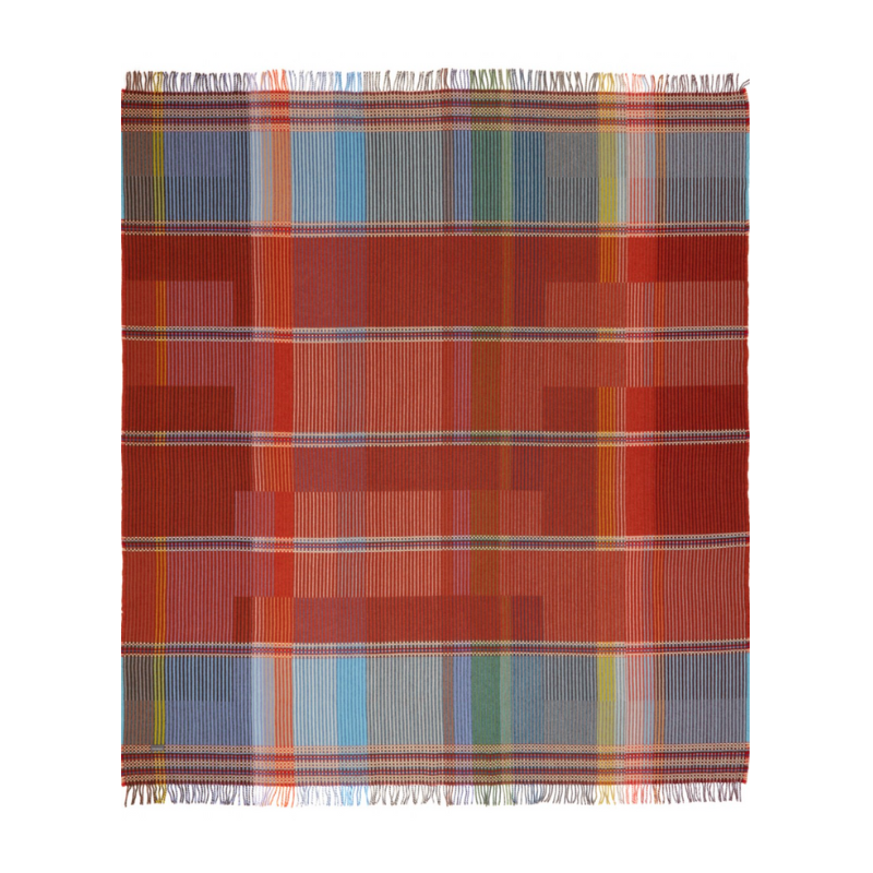 The Beatrix Throw by Wallace & Sewell is made of woven merino lambswool. The Pinstripe collection combines bold-colored blocks with fine, detailed vertical stripes. This double-sided design also has a contrasting pixelated border and is a stunning room addition