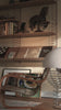 The String System by String Furniture with dark red wall panels and oak shelves. all-groups