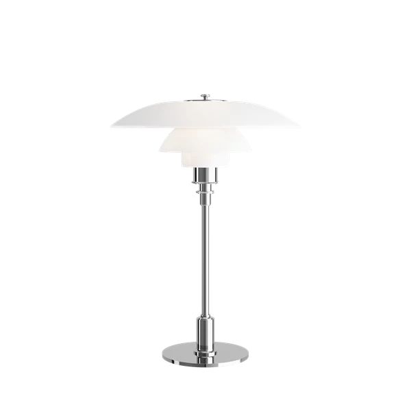 The PH 3½-2½ glass table lamp is designed based on the principle of a reflective three-shade system, which directs the majority of the light downwards. The shades are made of hand blown opal three-layer glass, which is glossy on top and sandblasted matte on the underside, giving a soft and diffused light distribution. Designed by Poul Henningsen.