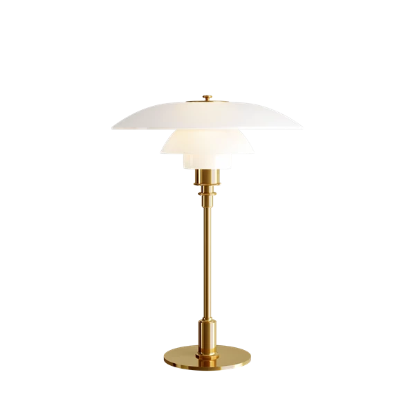 The PH 3½-2½ glass table lamp is designed based on the principle of a reflective three-shade system, which directs the majority of the light downwards. The shades are made of hand blown opal three-layer glass, which is glossy on top and sandblasted matte on the underside, giving a soft and diffused light distribution. Designed by Poul Henningsen.