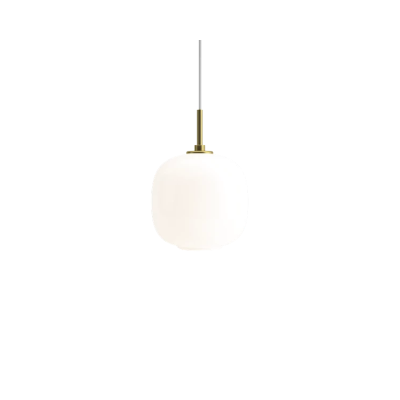 Originally designed in the 1940s by Vilhelm Lauritzen for a project in Copenhagen, the Louis Poulsen VL45 Radiohus Pendant is everything we love about modern design. The lantern shape is smooth and crisply rendered from three layers of hand-blown glass, casting a glowing light from its center that is both functional and beautiful to witness. The glass is topped with a Brushed Brass tube, adding a nice metallic accent to the warmth of the opal glass.
