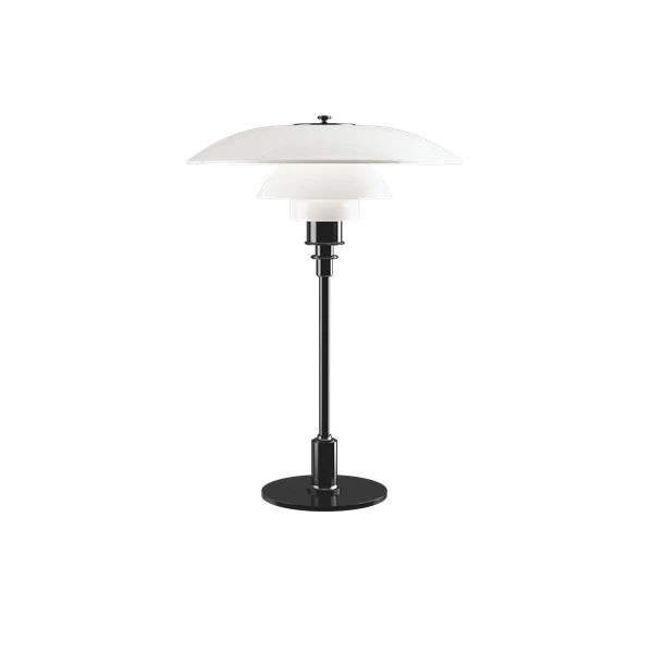 The PH 3½-2½ glass table lamp is designed based on the principle of a reflective three-shade system, which directs the majority of the light downwards. The shades are made of hand blown opal three-layer glass, which is glossy on top and sandblasted matte on the underside, giving a soft and diffused light distribution. Designed by Poul Henningsen.