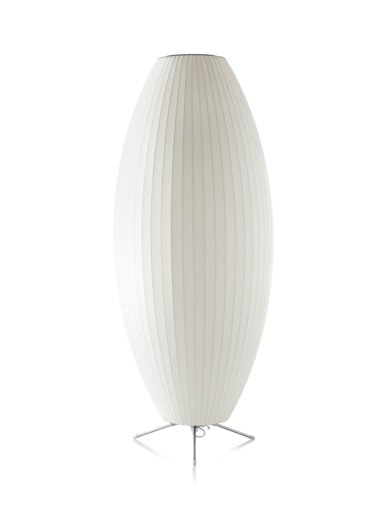 The Nelson Cigar Tripod Lamp, an elongated shade set on a steel tripod base, emits a warm, diffused light. The timeless Nelson Bubble Lamps, originally designed in 1952, complement contemporary interiors as easily and beautifully as they do mid-century homes.