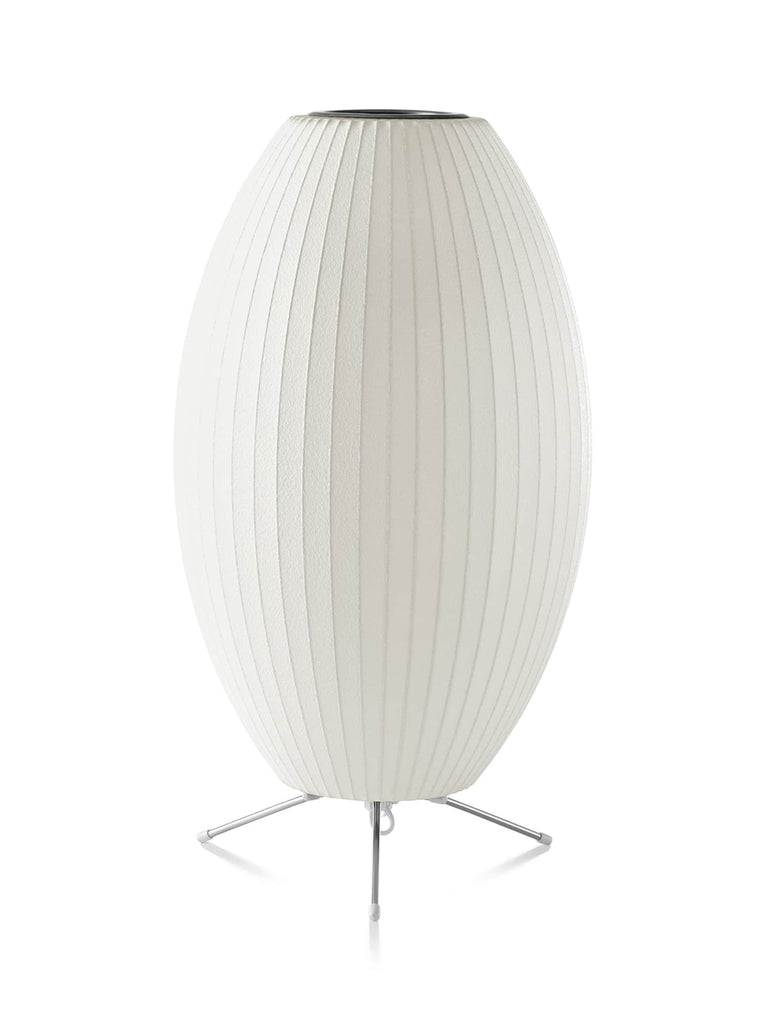 The Nelson Cigar Tripod Lamp, an elongated shade set on a steel tripod base, emits a warm, diffused light. The timeless Nelson Bubble Lamps, originally designed in 1952, complement contemporary interiors as easily and beautifully as they do mid-century homes.
