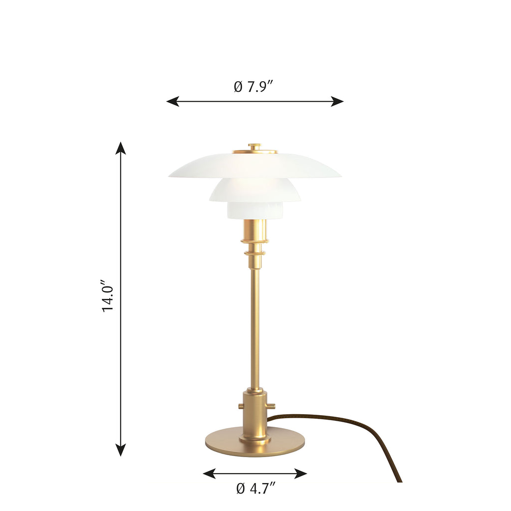 The PH 2/1 Table Lamp by Louis Poulsen features  three tiered mouth-blown glass shade and brass body. Dimensions