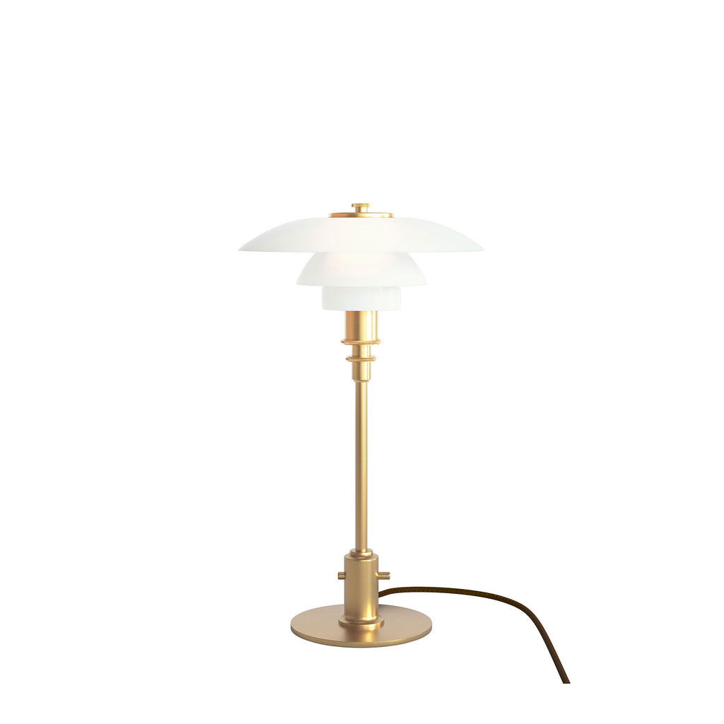 The PH 2/1 Table Lamp by Louis Poulsen features  three tiered mouth-blown glass shade and brass body. 