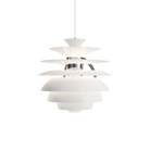 The PH Snowball fixture emits comfortable glare-free diffused light. Matte painted undersurfaces and glossy top surfaces result in an attractive reflection of the diffused light, creating uniform light distribution around the fixture. When the light is switched on, the top portion is illuminated while the bottom part remains dark.