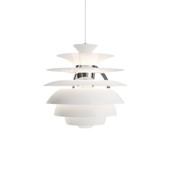 The PH Snowball fixture emits comfortable glare-free diffused light. Matte painted undersurfaces and glossy top surfaces result in an attractive reflection of the diffused light, creating uniform light distribution around the fixture. When the light is switched on, the top portion is illuminated while the bottom part remains dark.