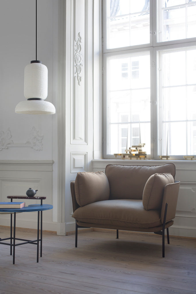 The JH3 Formakami Paper Lantern. Hand crafted with rice paper merging various sizes and shapes together. The series is comprised of three different lantern versions and a table lamp in ivory white rice paper with black stained oak accents.
