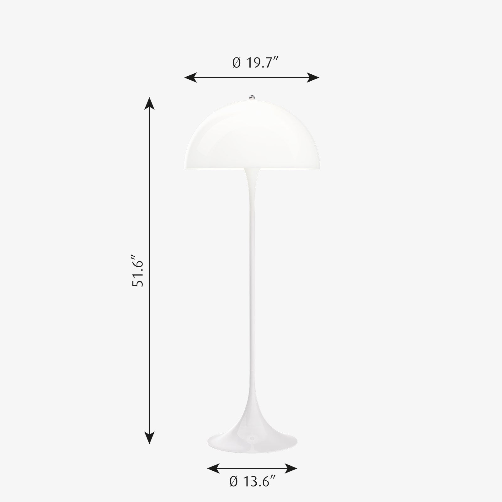 The Pantella Floor Lamp by Louis Poulsen emits a soft and comfortable illumination. The hemispherical shade reflects the light downwards, and the material used ensures that the majority of the light is spread diffusely in the room from the surface of the shade.