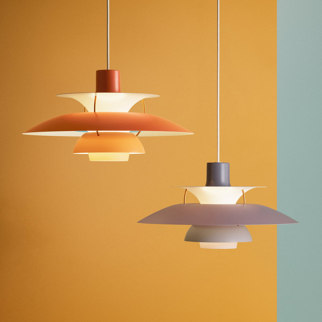 The  PH5 Pendant light by Louis Poulsen in Hues of Orange and Hues of Grey