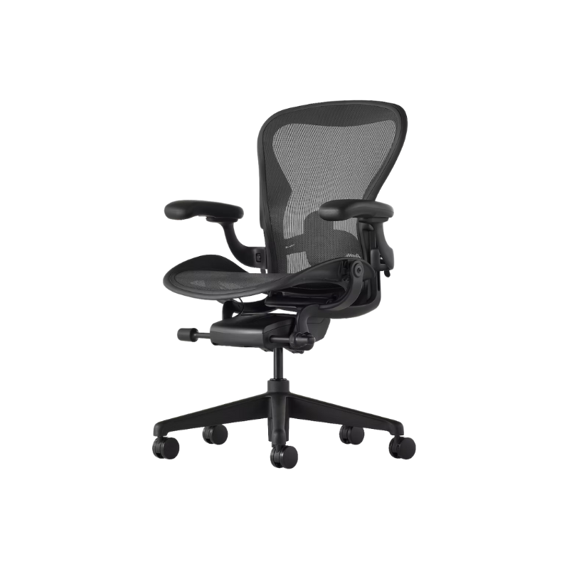 The Aeron office chair by Herman Miller revolutionized office seating with its defining design qualities: the pioneering Pellicle suspension material and its patented PostureFit SL back support, which affords the ideal sit — chest open, shoulders back, pelvis tilted slightly forward. 