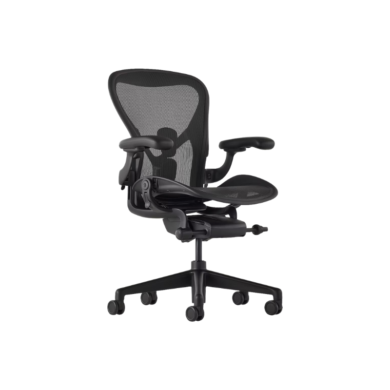 The Aeron office chair by Herman Miller revolutionized office seating with its defining design qualities: the pioneering Pellicle suspension material and its patented PostureFit SL back support, which affords the ideal sit — chest open, shoulders back, pelvis tilted slightly forward. 