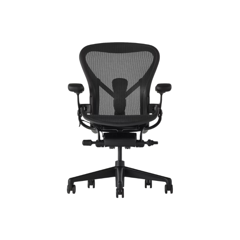 The Aeron office chair by Herman Miller revolutionized office seating with its defining design qualities: the pioneering Pellicle suspension material and its patented PostureFit SL back support, which affords the ideal sit — chest open, shoulders back, pelvis tilted slightly forward. 