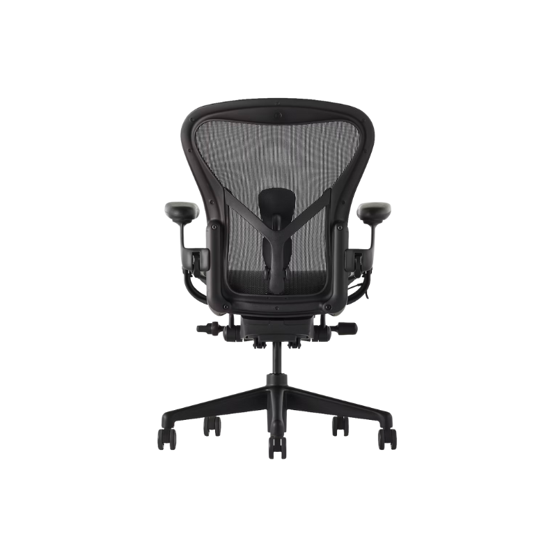The Aeron office chair by Herman Miller revolutionized office seating with its defining design qualities: the pioneering Pellicle suspension material and its patented PostureFit SL back support, which affords the ideal sit — chest open, shoulders back, pelvis tilted slightly forward. 