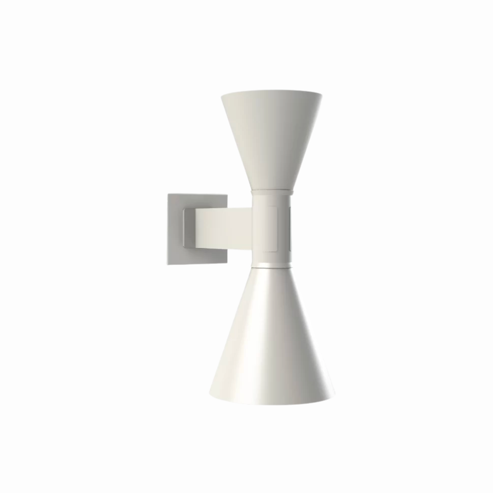 This wall sconce features double emission up and down light, in aluminum painted matte grey, matte white, or black, with white internal diffusers.